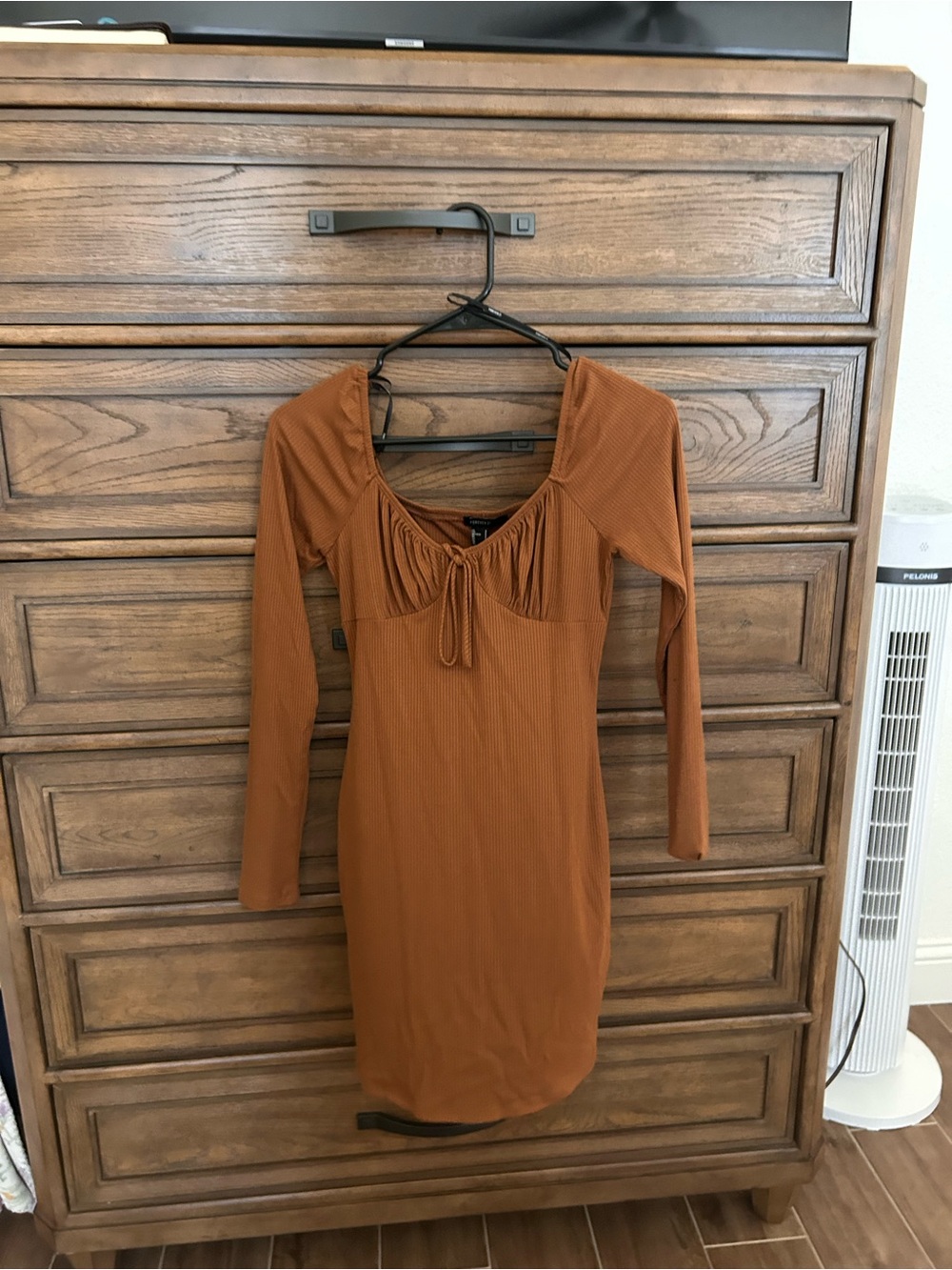 Forever 21 Rust Long Sleeve Ribbed Tie-Front Bodycon Dress